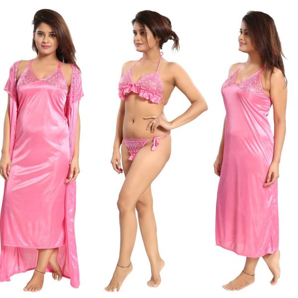 Pink - Women’s 4-Piece Satin Nightwear Set - Night Robe, Slip & Lingerie | Free Size