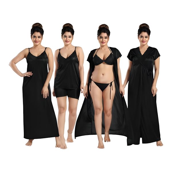 Black - Women’s 6-Piece Satin Nightwear Set - Night Robe, Slip & Lingerie | Free Size