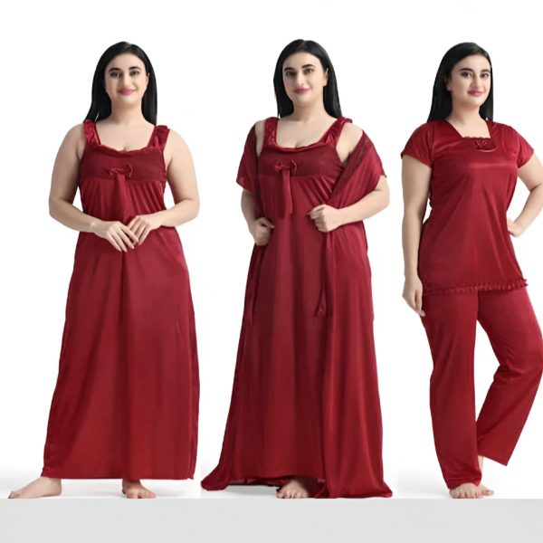 Maroon - Women’s 4-Piece Satin Nightwear Set - Night Robe, Slip & Lingerie | Free Size