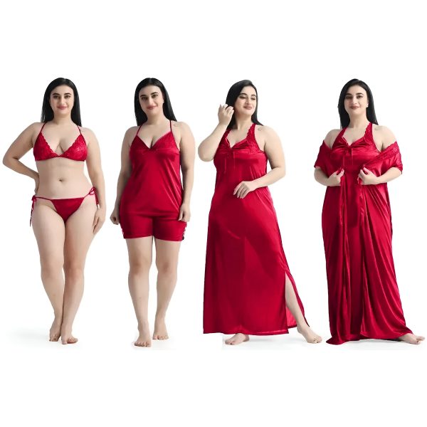 Maroon - Women’s 6-Piece Satin Nightwear Set - Night Robe, Slip & Lingerie | Free Size