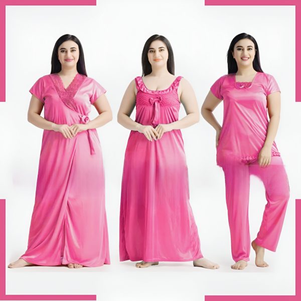 Misti - Women’s 4-Piece Satin Nightwear Set - Night Robe, Slip & Lingerie | Free Size