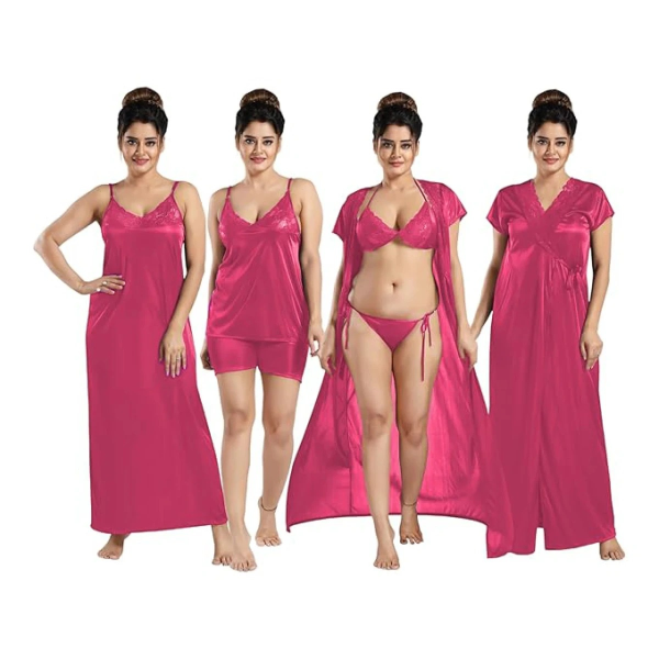 Misti - Women’s 6-Piece Satin Nightwear Set - Night Robe, Slip & Lingerie | Free Size