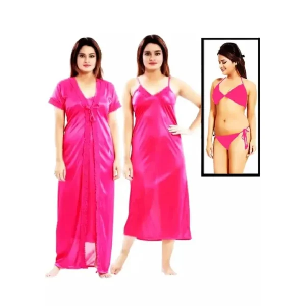 Misti - Women’s 4-Piece Satin Nightwear Set - Night Robe, Slip & Lingerie | Free Size