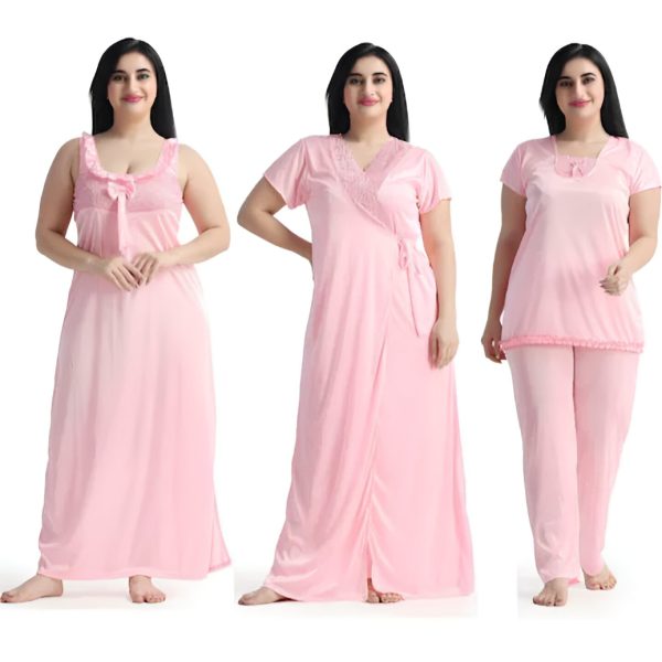 Pink - Women’s 4-Piece Satin Nightwear Set - Night Robe, Slip & Lingerie | Free Size