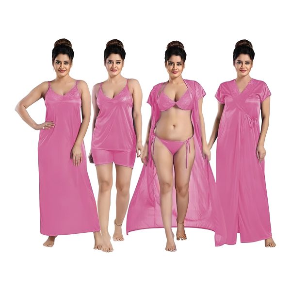 Pink - Women’s 6-Piece Satin Nightwear Set - Night Robe, Slip & Lingerie | Free Size