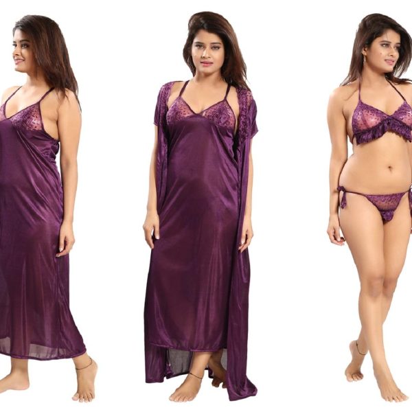 Purple - Women’s 4-Piece Satin Nightwear Set - Night Robe, Slip & Lingerie | Free Size