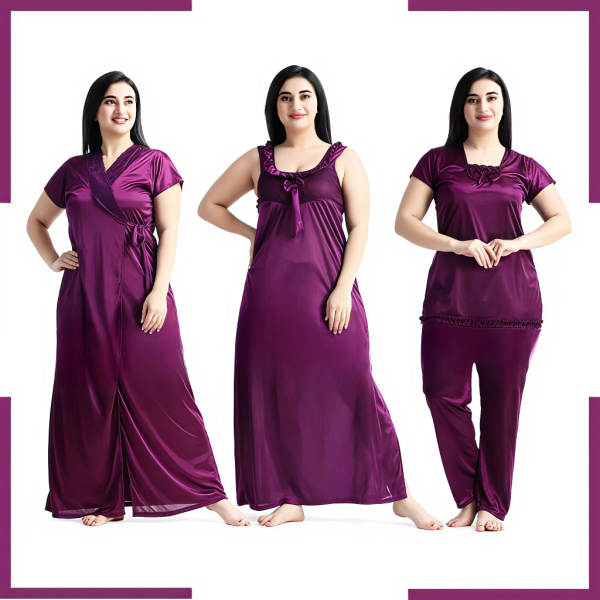 Purple - Women’s 4-Piece Satin Nightwear Set - Night Robe, Slip & Lingerie | Free Size