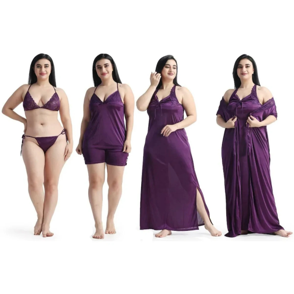 Purple - Women’s 6-Piece Satin Nightwear Set - Night Robe, Slip & Lingerie | Free Size