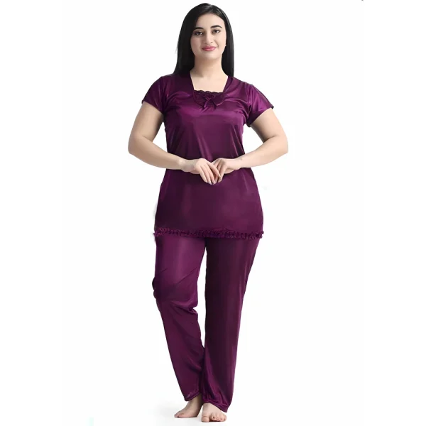 Purple - Women’s 2-Piece Satin Nightwear Set - Night Robe & Slip | Free Size
