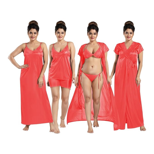 Red - Women’s 6-Piece Satin Nightwear Set - Night Robe, Slip & Lingerie | Free Size