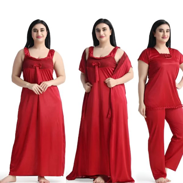 Red - Women’s 4-Piece Satin Nightwear Set - Night Robe, Slip & Lingerie | Free Size