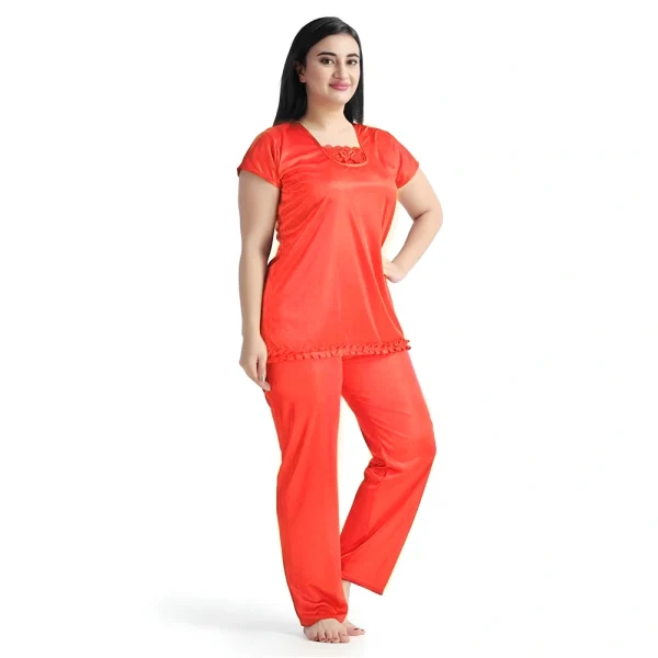 Red - Women’s 2-Piece Satin Nightwear Set - Night Robe & Slip | Free Size