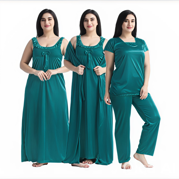 Toori - Women’s 4-Piece Satin Nightwear Set - Night Robe, Slip & Lingerie | Free Size
